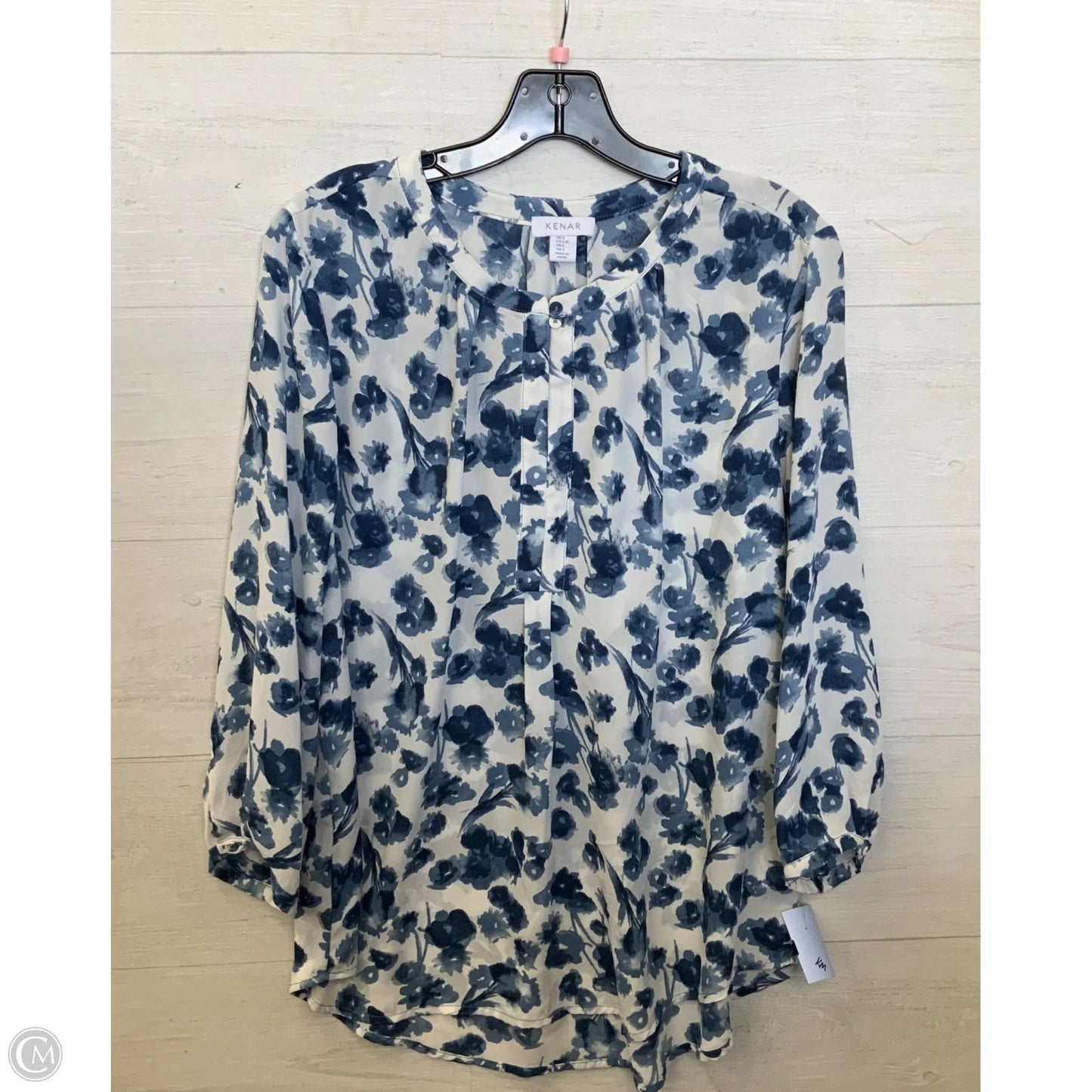 Blouse 3/4 Sleeve By Kenar In Blue & White, Size: L