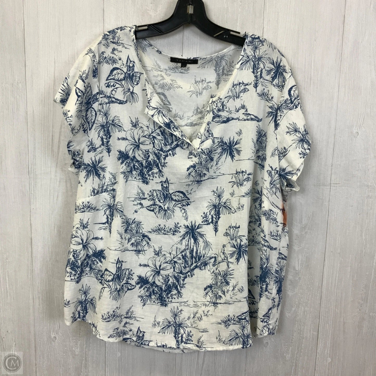 Top Short Sleeve By Tahari By Arthur Levine In Blue & White, Size: 1x