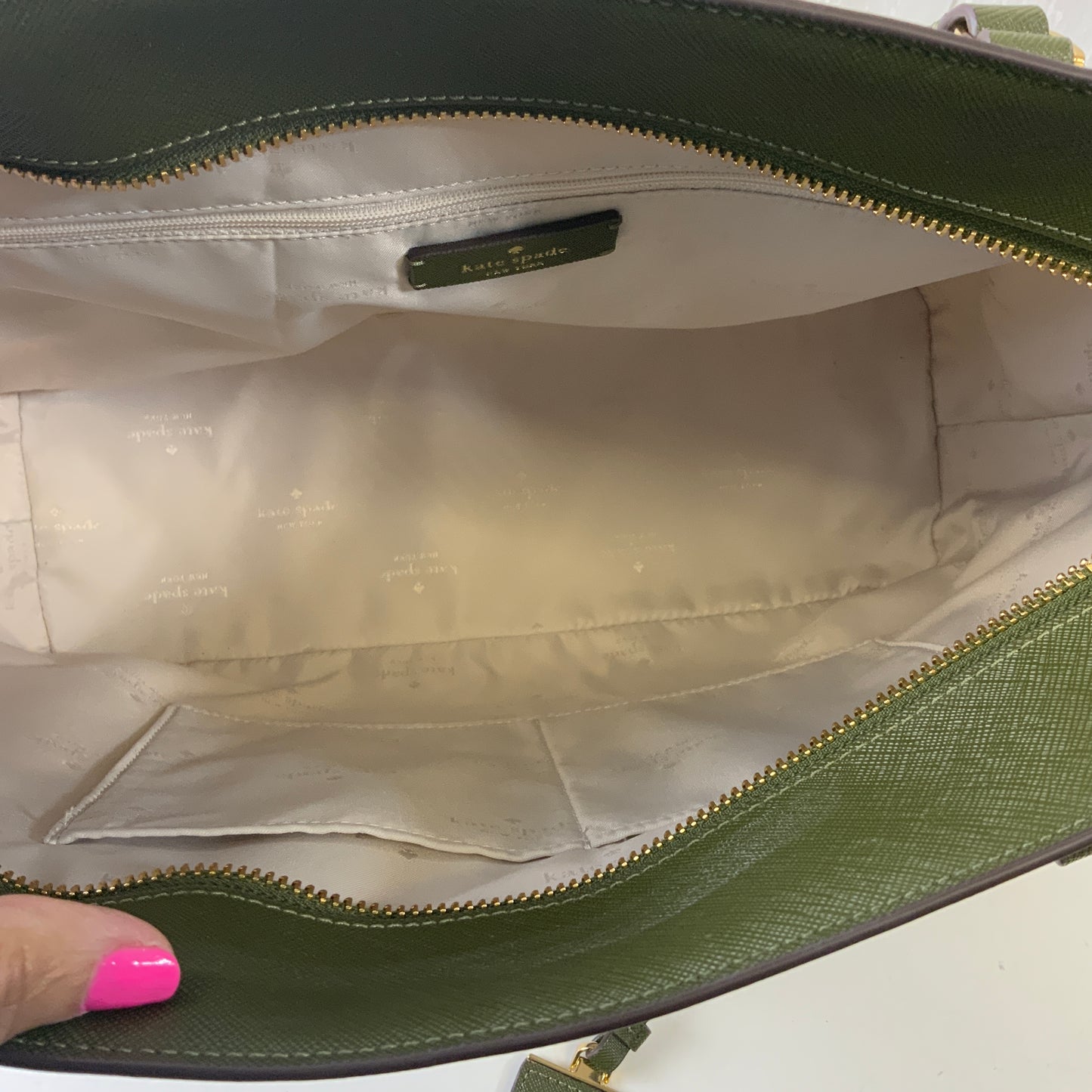 Handbag Designer By Kate Spade In Cream & Green, Size:Large