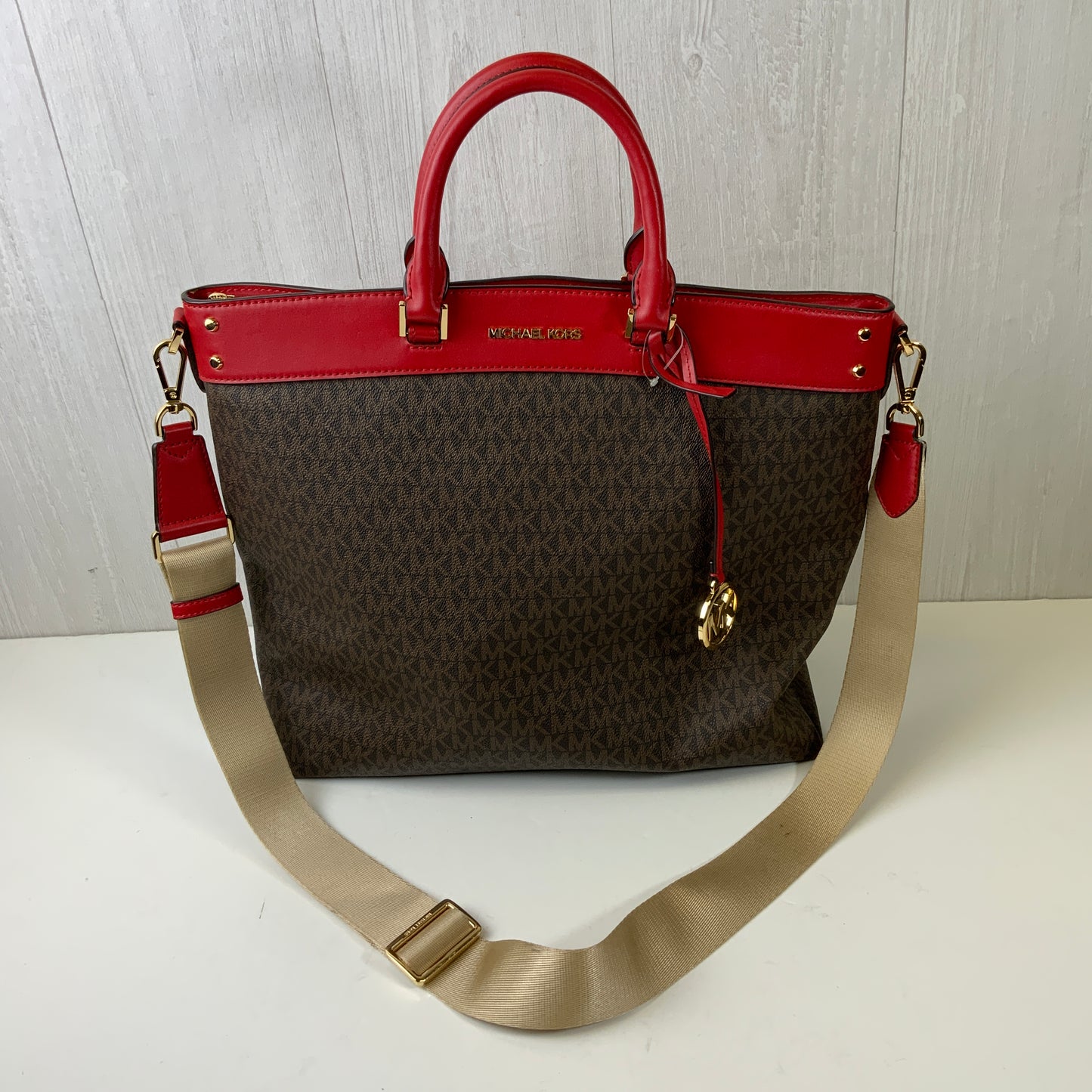 Handbag Designer By Michael Kors In Brown & Red, Size:Large